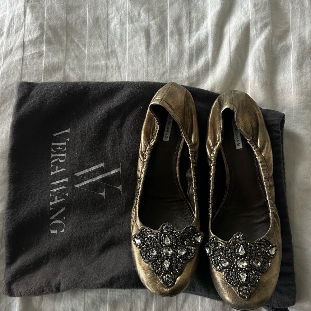 Vera Wang Metallic Gold Embellished Flats
